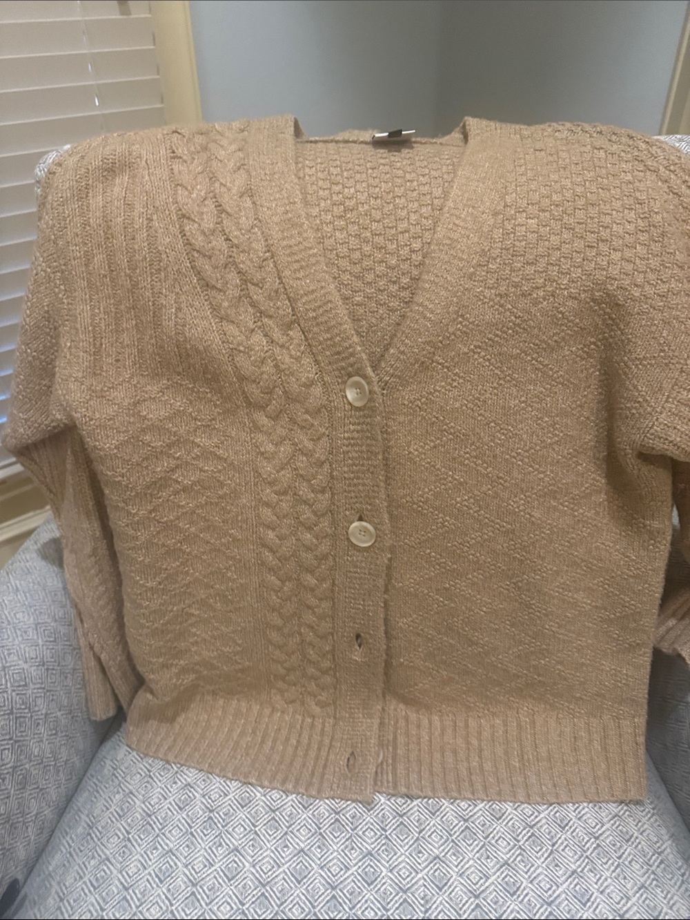 CAbi oversized Camel Knit Cable-Panel V-Neck Cardigan